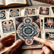 Una persona inmersa en el simbolismo del Tarot Thoth, sosteniendo una baraja de cartas del tarot.