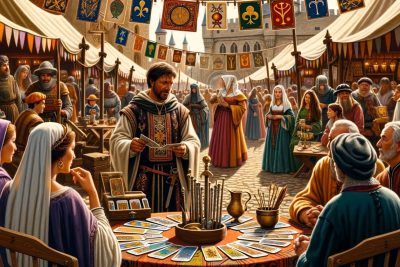 Una pintura medieval que captura la esencia de la gente en un mercado bullicioso.