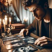 Un hombre juega cartas avanzadas del Tarot frente a velas.