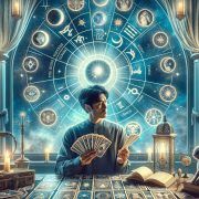 Un hombre está sentado en una mesa con cartas del Tarot frente a él.