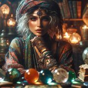 Una mujer está sentada en una mesa con cartas del Tarot de la Bruja Moderna, velas y cristales.