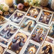 Cartas del Tarot de la Diosa y velas sobre una mesa.