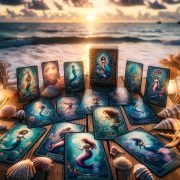 Cartas del Tarot de la Sirena en la playa.