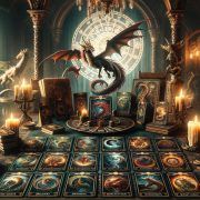 Cartas del Tarot del Dragón sobre una mesa en un cuarto oscuro.