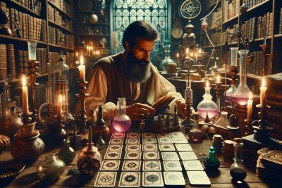Un hombre inmerso en el mundo del Tarot en una mesa adornada con velas y libros, explorando el reino mágico de la alquimia.